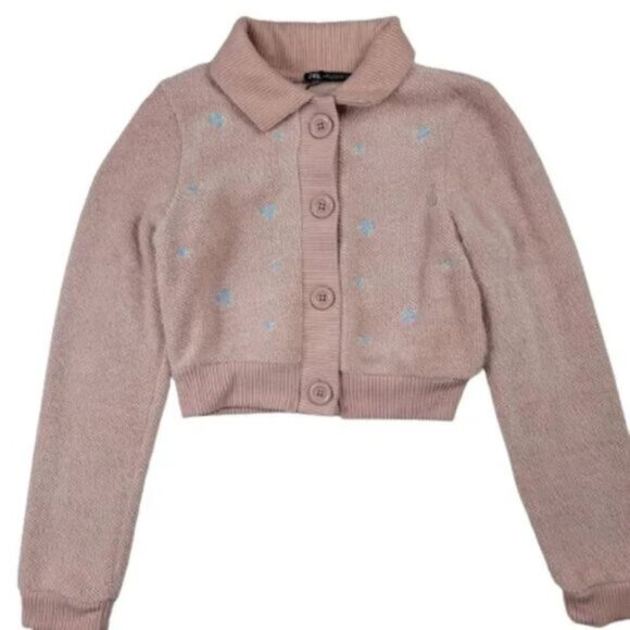 Zara Women Pink Embroidered Cropped Cardigan Button Up Knit Sweater Trendy - Picture 6 of 10